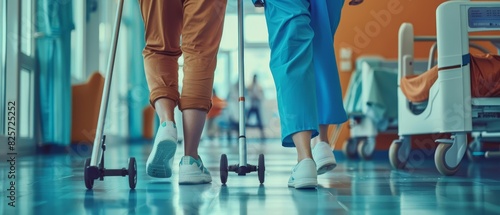 A closeup of a patient using crutches, with a nurse showing the correct way to walk without putting weight on the injured leg