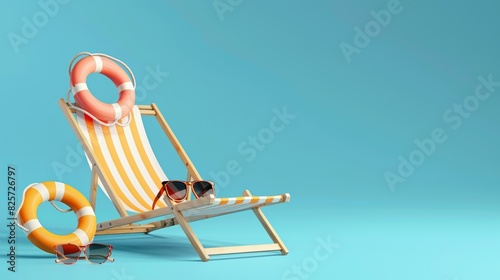 3d render of beach summer scene with orange life ring, sunglasses and deck chair on blue background