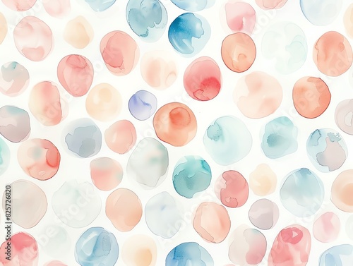 Whimsical watercolor polka dots in soft pastel shades, playful and lighthearted