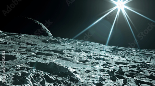 Spectacular view of the moon's rocky surface with the sun shining brightly and another celestial body visible in the background.
