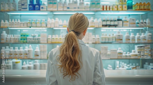 Professional Pharmacist at Work: Rear View of White-Coated Professional at Pharmacy Counter