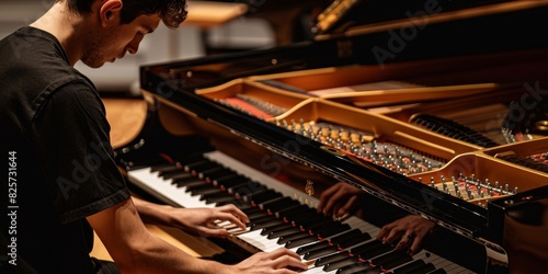 A man is playing a piano with his hands on the keys generated by AI