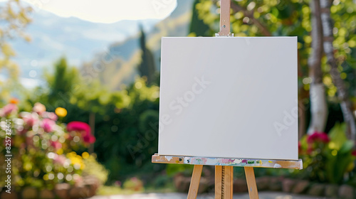 Blank canvas on easel in a garden setting ready for painting, with flowers and greenery in the background, capturing creativity and nature.