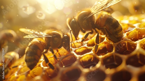 Close-up of a beehive with several bees nesting in a honeycomb hexagonal shape.