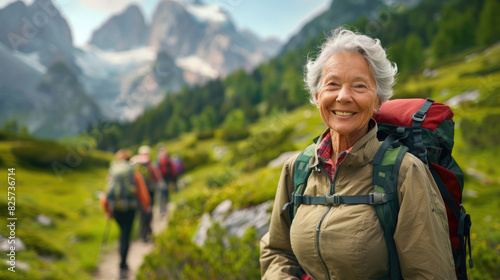 Portrait of a senior woman trekking with a group in mountains