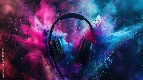 Music Festival Concept - Headphone and Colorful Powder Vivid Color 