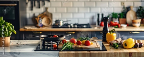home kitchen scene with an array of fresh ingredients and cookware on the countertop