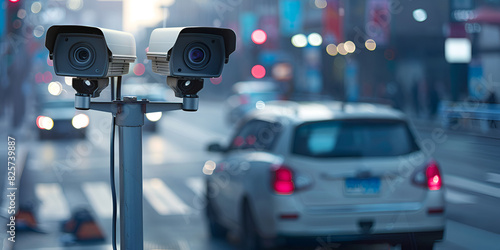 Traffic camera. Cameras and speed control radars along a busy highway monitor and record speeding violations 