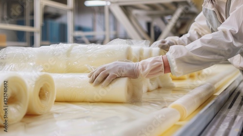 A pair of workers carefully unrolling and taping together large sheets of fiberglass insulation in a factory.