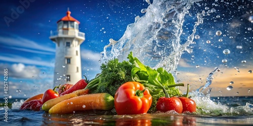 Close up of a fresh vegetable being splashed with water against a lighthouse background