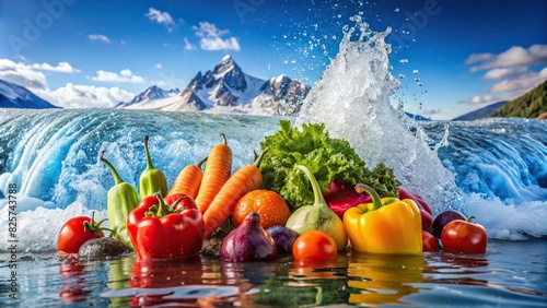 Fresh vegetable with water splashing against a glacier background