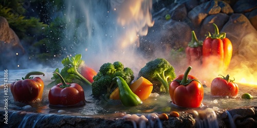 Close up of fresh vegetables being splashed with water against a hot spring background