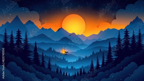 A beautiful paper cut style scene of a couple camping under a starry sky while sipping coffee by the campfire