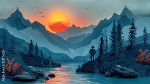 Detailed paper cut art of a couple watching the sunrise from a campsite with coffee in their hands