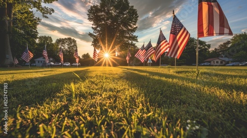 Rows of American flags planted in green grass, sunset casting long shadows, evoking Memorial Day's honor and respect