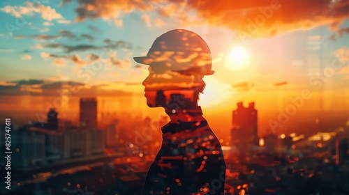 Engineer wearing a helmet with a sunrise overlay and cityscape in the background 