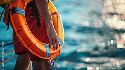 close up a lifeguard holding a rescue buoy while scanning the water. Help a drowning person