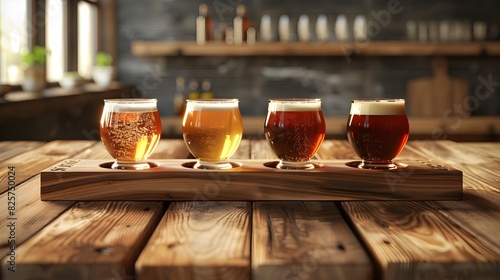 Artisanal Craft Beer Tasting Flight on Rustic Wooden Paddle in Contemporary Bar Setting