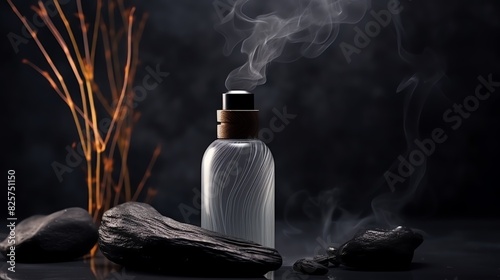 gray oil cosmetic concept bottle wooden dark Unbranded background smoke aromatherapy Essential hand beauty product poduim skin ayurveda care