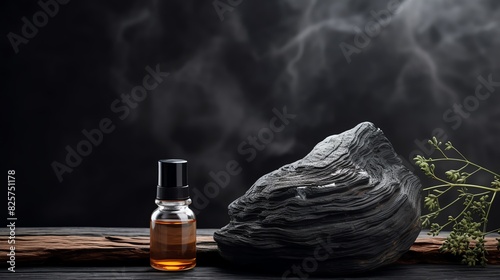gray oil cosmetic concept bottle wooden dark Unbranded background smoke aromatherapy Essential hand beauty product poduim skin ayurveda care