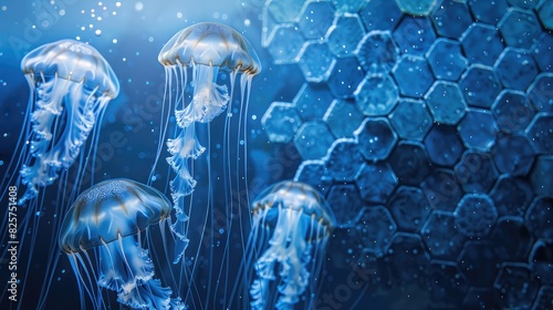 Aquatic scene with floating jellyfish-like liquids in oceanic colors over hexagonal patterns.