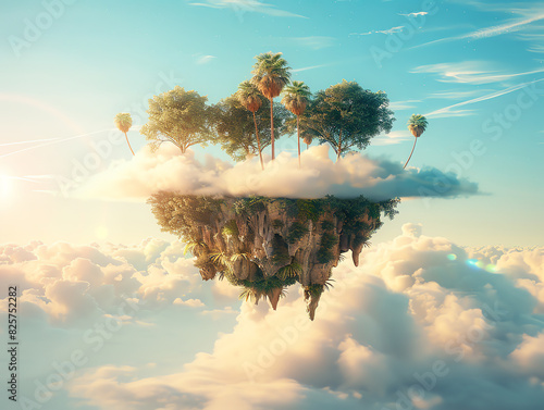 A beautiful floating island with palm trees and a rocky base. The island is surrounded by clouds and there is a bright light in the background.
