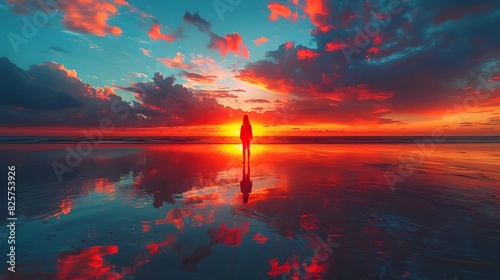 A silhouette of someone standing alone on a beach at sunset, capturing a moment of solitude and reflection. List of Art Media Photograph inspired by Spring magazine