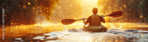 kayaking adventure close up, focus on, copy space vivid water tones, double exposure silhouette with kayaker