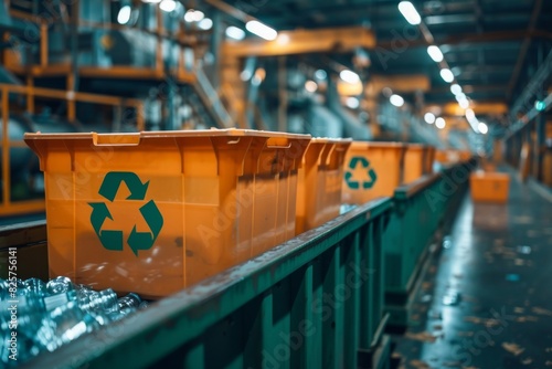 A conveyor belt with several orange recycling bins on it