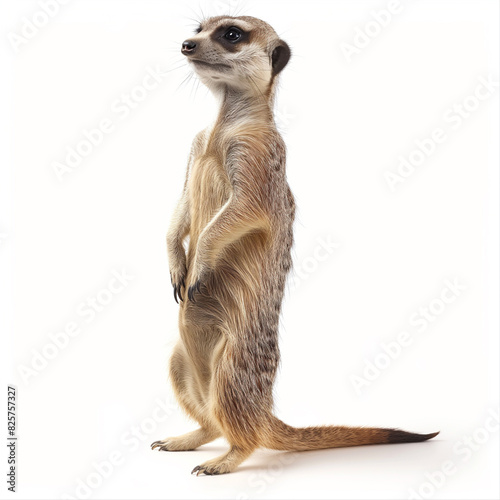 17 - Illustrate a meerkat standing upright on its hind legs, looking alert and curious, against a white background.