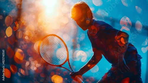 tennis match close up, focus on, copy space bright court colors, double exposure silhouette with racket