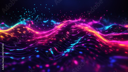 Neon color abstract futuristic particles wave background design