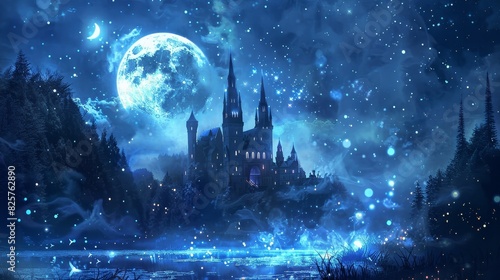 Enchanted night, fairytale castle under a luminous full moon, surrounded by twinkling stars and glowing fireflies, mystical forest in the background