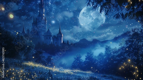 Enchanted night, fairytale castle under a luminous full moon, surrounded by twinkling stars and glowing fireflies, mystical forest in the background