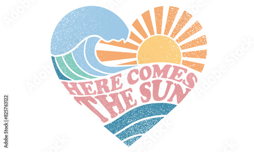 Here comes the sun. Wave love club print design. Sunshine beach artwork. Beach vibes artwork. Summer design for t shirt print, sticker, background and other uses. 