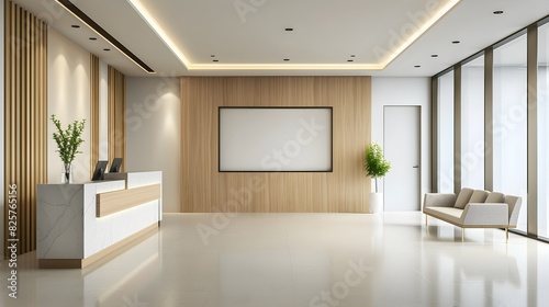 Modern clinic foyer with elegant reception and blank TV screen