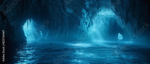 An ethereal blue glow fills a submerged cavern, creating an atmosphere of mystery and enchantment in the underwater world.