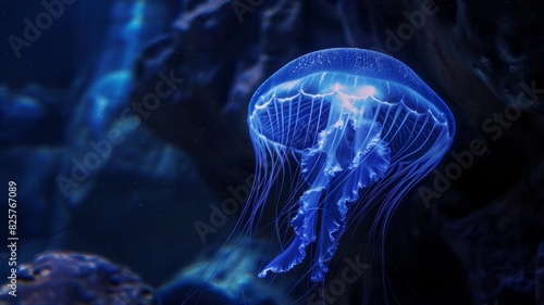 A blue bioluminescent jellyfish gracefully floats in the deep ocean, illuminating the surrounding water with a soft glow.