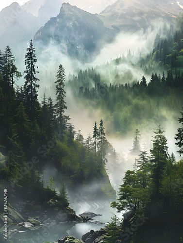 Misty mountain landscape with river and dense forest