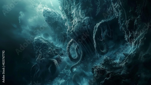A massive, tentacled creature lurking in the abyssal depths, creating a haunting and mysterious underwater scene.