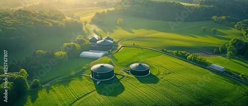 view from above of a farm and biogas facility in lush green pastures. biomass-derived renewable energy