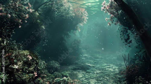 Lush underwater garden filled with vibrant coral and marine plants, illuminated by sunlight filtering through the water's surface.