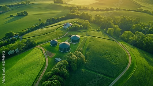 view from above of a farm and biogas facility in lush green pastures. biomass-derived renewable energy
