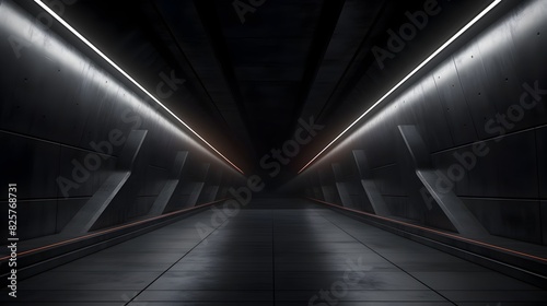 Dark Futuristic Underground Tunnel with Bright LED Lights and Geometric Architectural Perspective