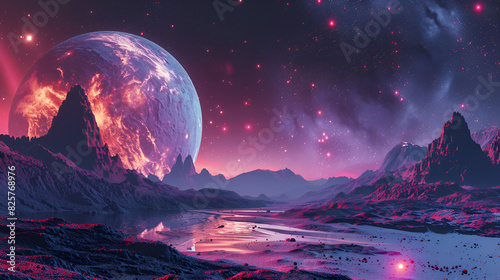Vibrant abstract space background with cosmic planets and celestial elements, space exploration, elestial bodies, Fantasy landscape with mountains and planets, Alien planet landscape, Generative Ai.