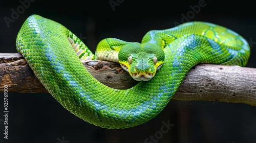 Green anaconda spotted resting on a tree limb above a river in its natural habitat