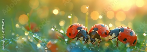 A family of ladybirds on some dewy grass