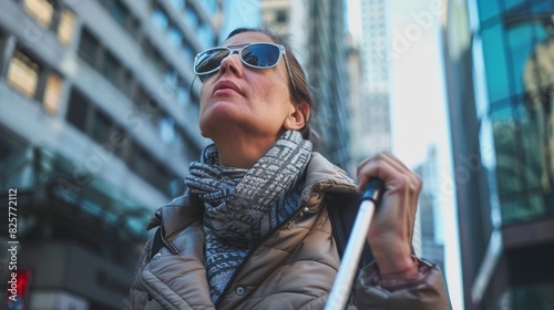 Determined blind woman using her white cane on a city sidewalk, reflections of buildings in her sunglasses, urban scene