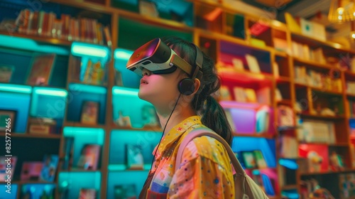 Detailed shot of a blind person with earphones, engaging with a voice assistant for accessibility, amidst a vibrant and creative library environment