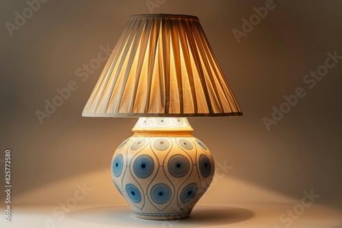 A beautiful handmade ceramic lamp with a pleated silk lampshade